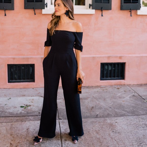 Gal Meets Glam Collection - Meredith pink jumpsuit - off the shoulder with bows - Picture 10 of 15